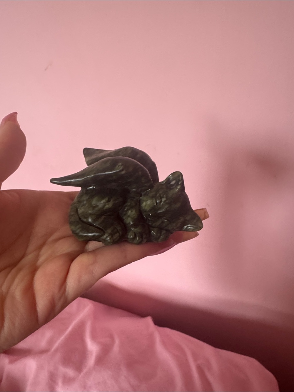 Handheld Small Pet Figurine - Dark Green Sleeping Cat With Wings